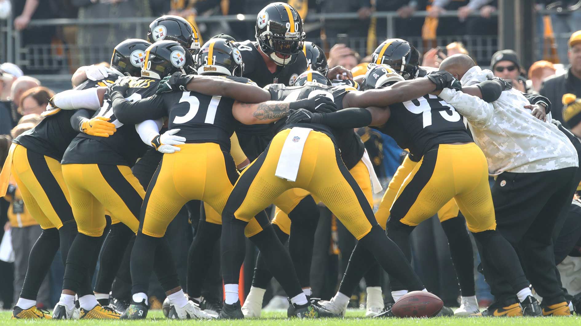 Pittsburgh Steelers linebacker T.J. Watt (90) warms up the defensive unit before the game against the Baltimore Ravens at Acrisure Stadium