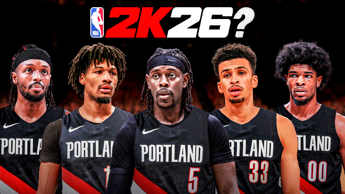 Portland Trail Blazers NBA 2K26 ratings that are 100% wrong. Jrue Holiday, Toumani Camara, Shaedon Sharpe, Jerami Grant and Scoot Henderson in the Trail Blazers jersey with the 2K26 logo at the top with a single question mark.