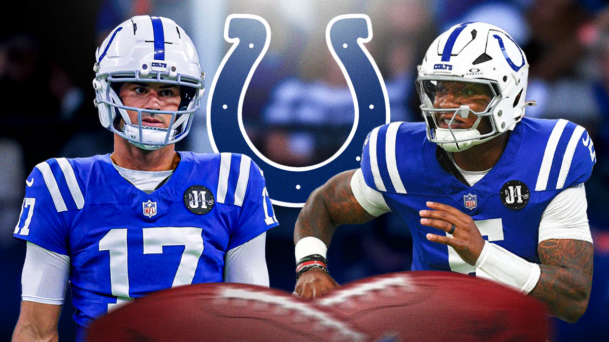 Colts logo in the middle with Daniel Jones on one side and Anthony Richardson on the other