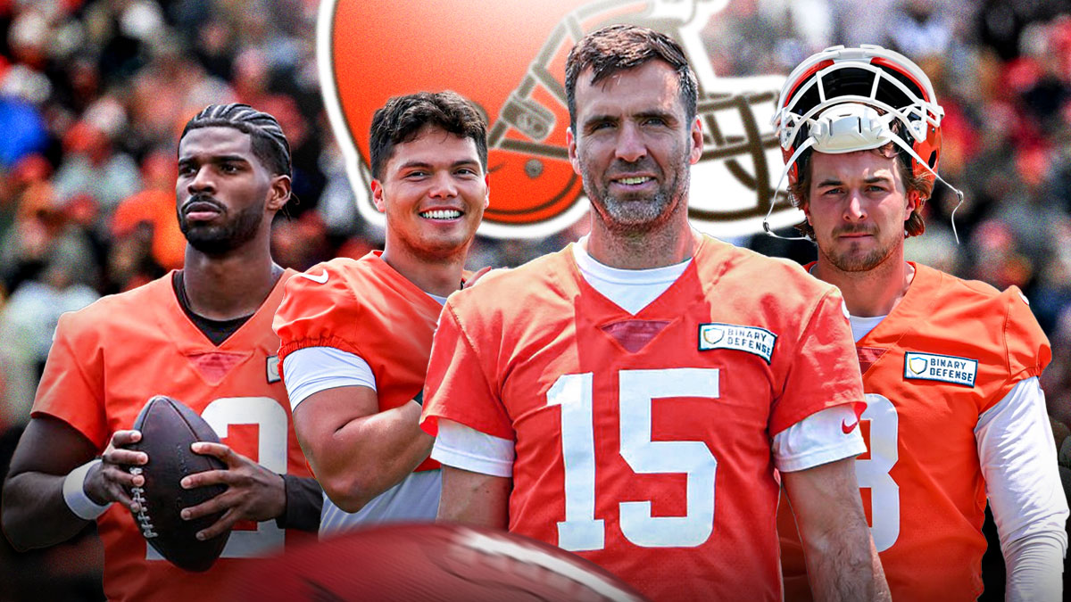 Browns logo with Joe Flacco on one side and Kenny Pickett, Dillon Gabriel and Shedeur Sanders on the other