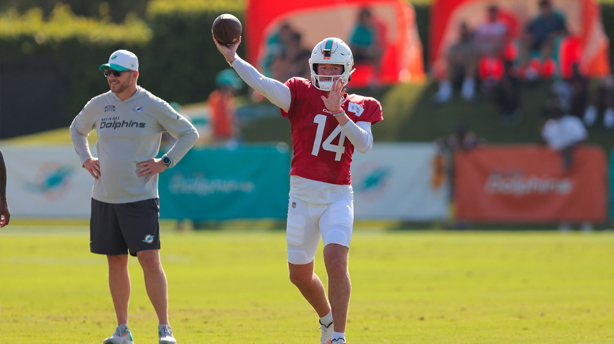 Miami Dolphins quarterback Quinn Ewers (14) throws the football during training camp at Baptist Health Training Complex.