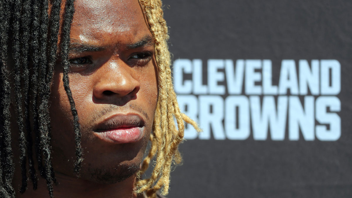 Browns running back Quinshon Judkins takes questions from reporters during rookie minicamp