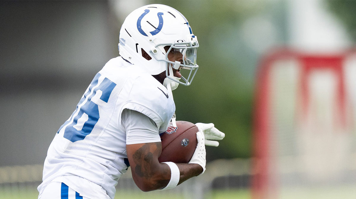 Indianapolis Colts running back Salvon Ahmed (36) runs Monday, July 28, 2025, during training camp held at Grand Park in Westfield.