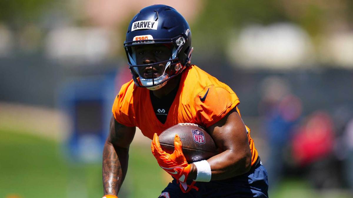 Denver Broncos running back RJ Harvey (37) during rookie minicamp at Broncos Park Powered by CommonSpirit.
