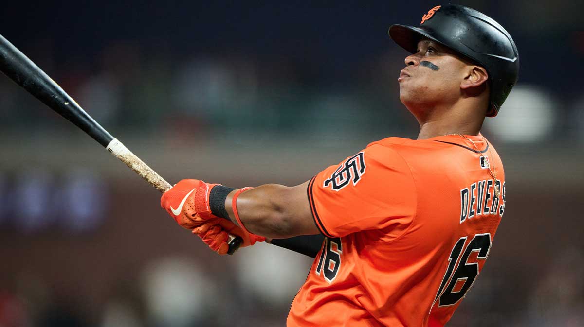 San Francisco Giants first baseman Rafael Devers (16) watches the flight of a foul ball while batting against the Washington Nationals during the fifth inning at Oracle Park.