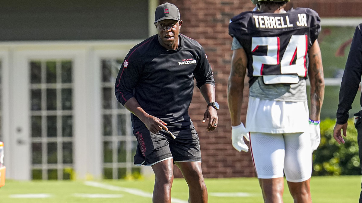 Atlanta Falcons head coach Raheem Morris on the field during practice at training camp at IBM Performance Field.