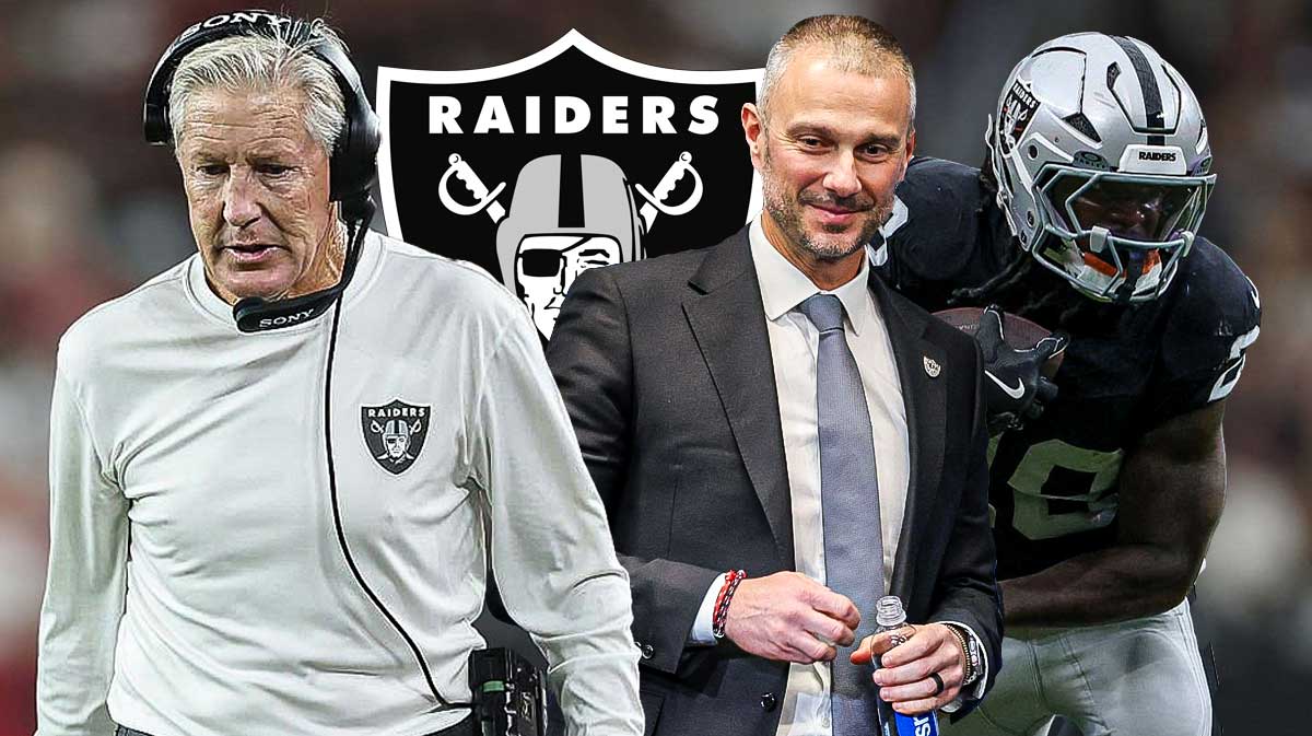 Raiders HC Pete Carroll (front, left) and Raiders GM John Spytek (front, right) with Raiders RB Sincere McCormick behind them. Las Vegas Raiders logo in background