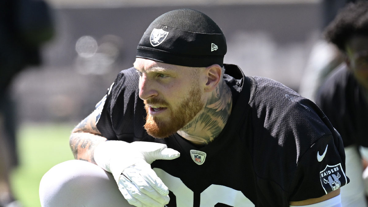 Las Vegas Raiders defensive end Maxx Crosby (98) looks on during the team stretch during Las Vegas Raiders Minicamp at Intermountain Health Performance Center.