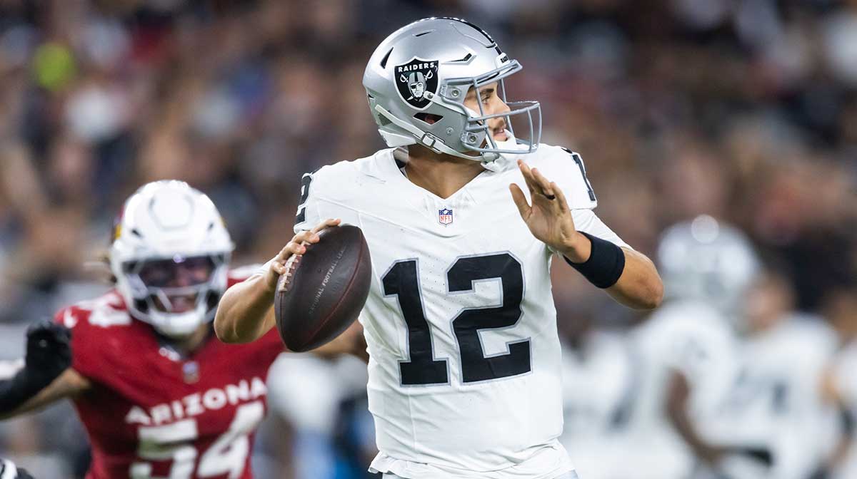 Las Vegas Raiders quarterback Aidan O'Connell (12) against the Arizona Cardinals during a preseason NFL game at State Farm Stadium.