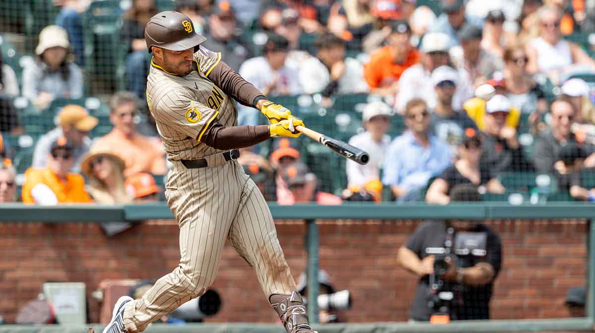San Diego Padres outfielder Ramon Laureano (5) hits a 2-run home run during the fifth inning against the San Francisco Giants at Oracle Park.