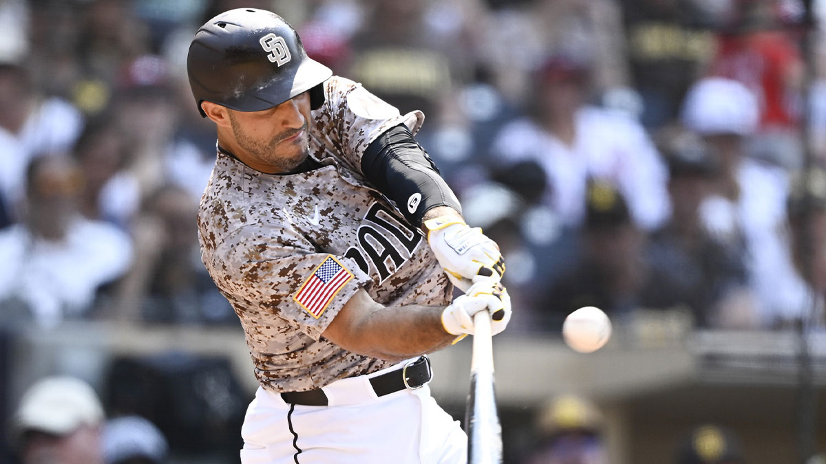 San Diego Padres right fielder Ramon Laureano (5) hits a solo home run during the eighth inning against the St. Louis Cardinals at Petco Park.
