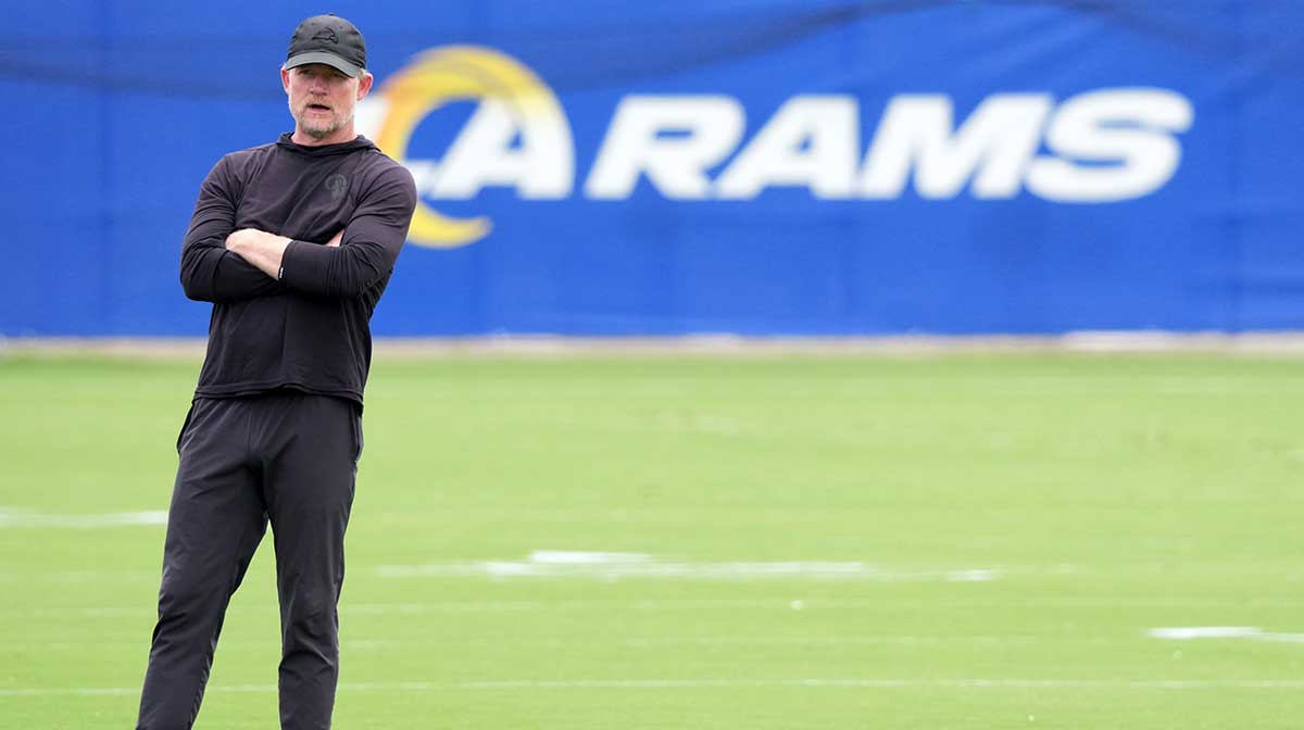 Los Angeles Rams general manager Les Snead reacts during organized team activities at Rams Practice Facility.