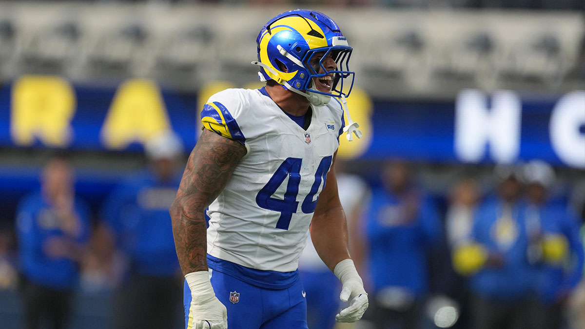 Los Angeles Rams linebacker Brennan Jackson (44) celebrates after a sack against the Los Angeles Chargers in the first half at SoFi Stadium.