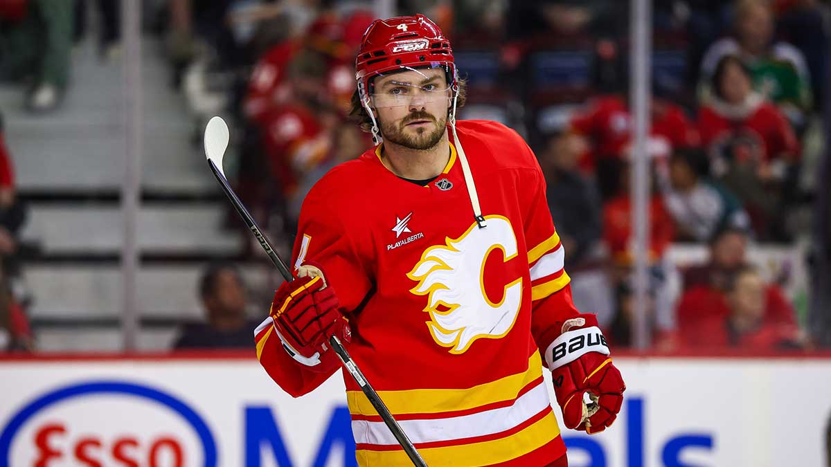 Calgary Flames defenseman Rasmus Andersson (4) against the Minnesota Wild during the third period at Scotiabank Saddledome.