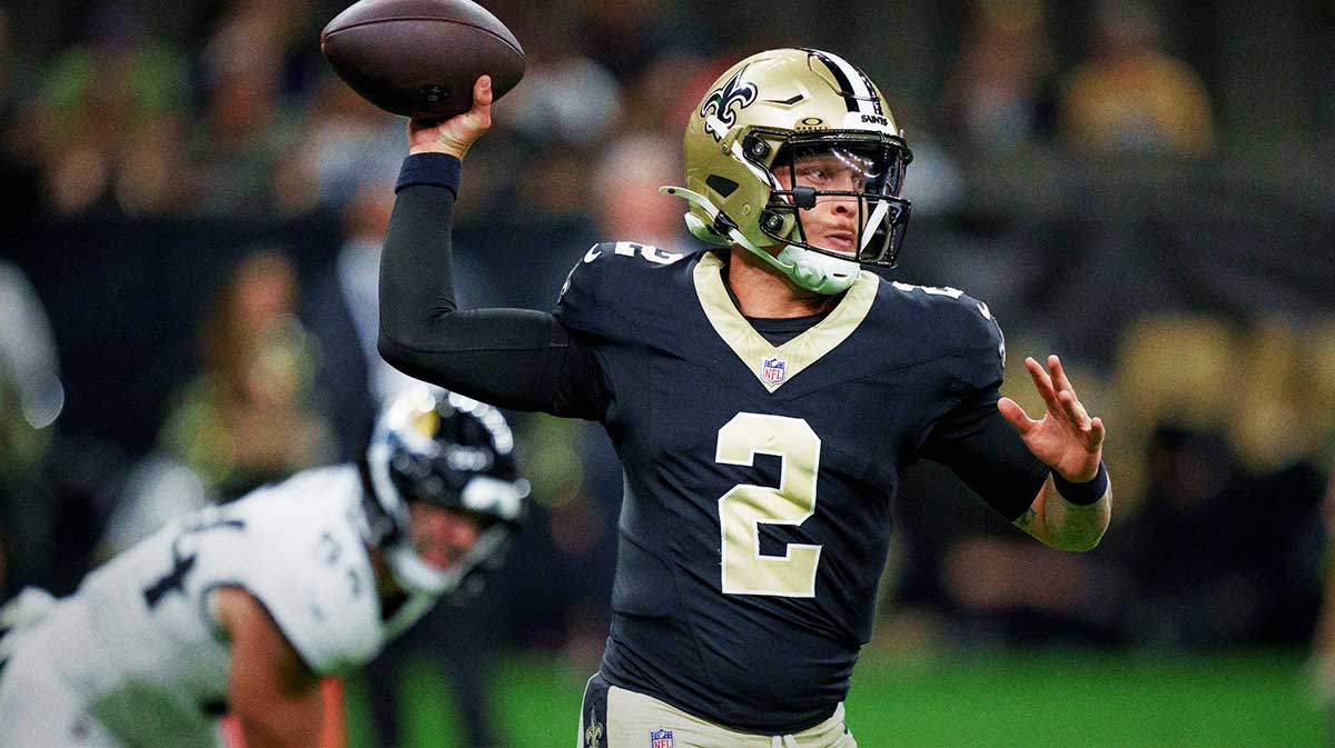 New Orleans Saints quarterback Spencer Rattler (2) throws against the Jacksonville Jaguars during the second half at Caesars Superdome.