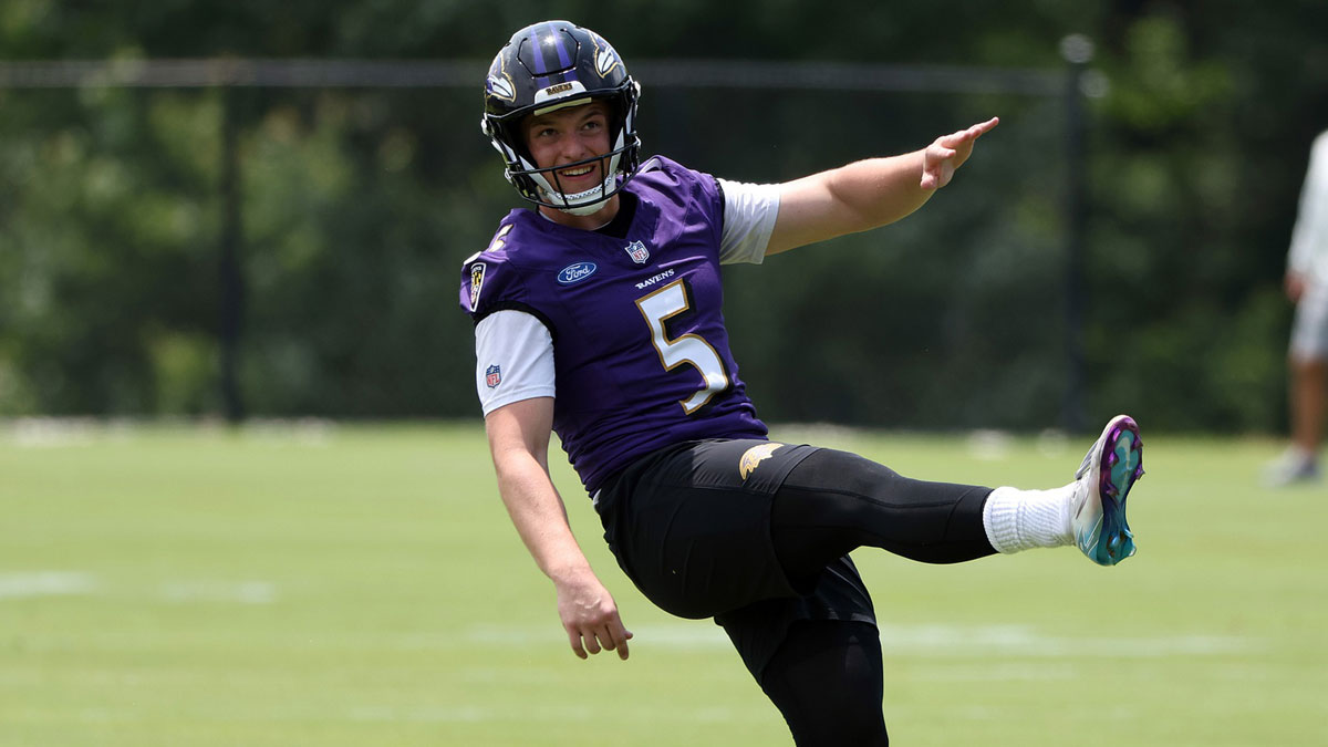Baltimore Ravens place kicker John Hoyland (5) kicks during an NFL OTA at Under Armour Performance Center.