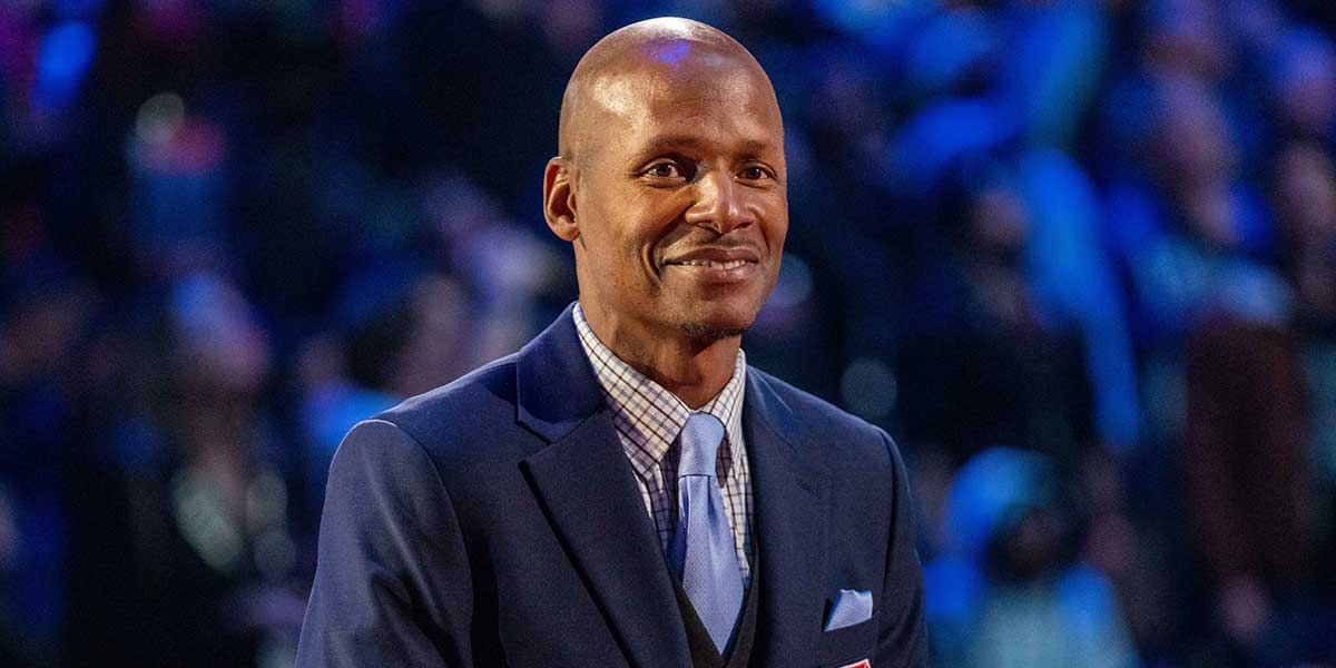 NBA great Ray Allen is honored for being selected to the NBA 75th Anniversary Team during halftime in the 2022 NBA All-Star Game at Rocket Mortgage FieldHouse.