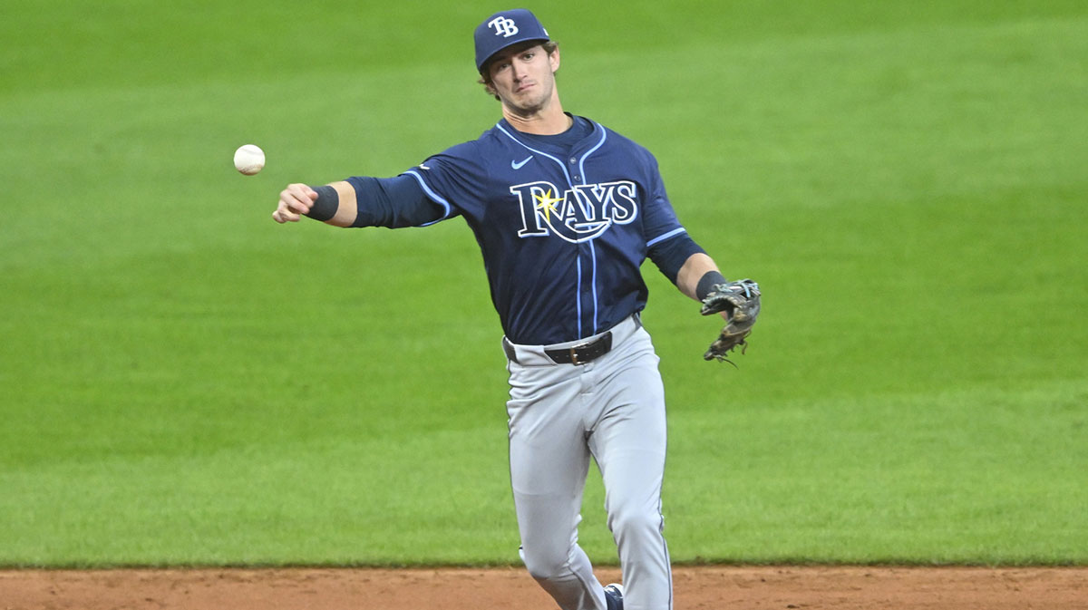 Tampa Bay Rays shortstop Carson Williams (77) throws to first base in the fourth inning against the Cleveland Guardians at Progressive Field.