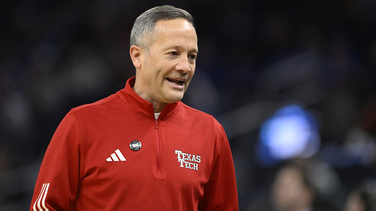 Texas Tech Red Raiders head coach Grant McCasland stands on the sidelines during the second half against the Florida Gators during the West Regional final of the 2025 NCAA tournament at Chase Center.