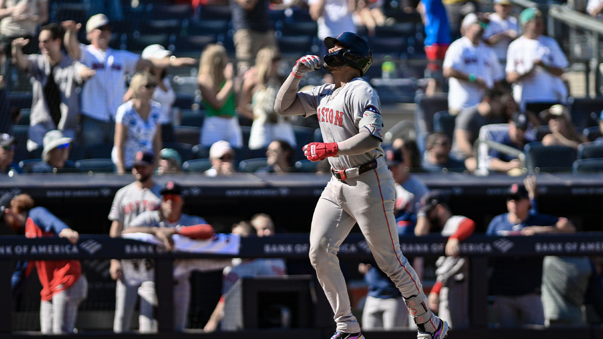 Boston Red Sox catcher Carlos Narváez (75) runs the bases after hitting a two run home run against the New York Yankees during the ninth inning at Yankee Stadium.