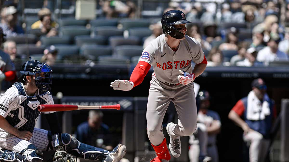 Boston Red Sox outfielder Roman Anthony (19) hits a single against the New York Yankees during the third inning at Yankee Stadium.
