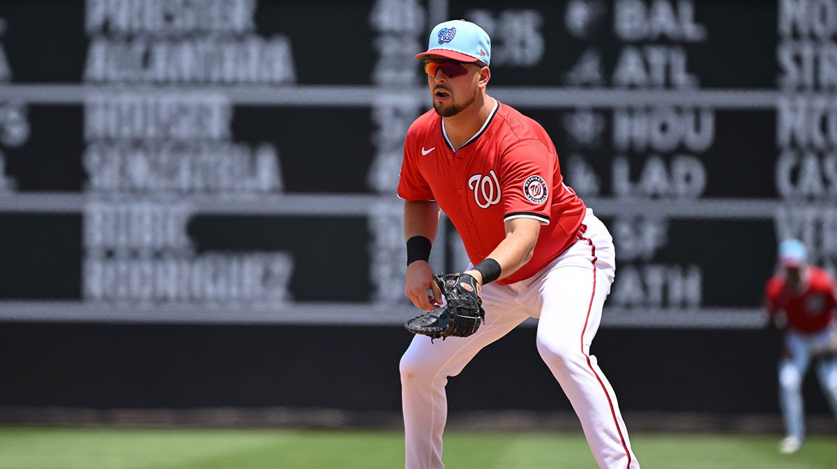 Washington Nationals first baseman Nathaniel Lowe (33) waits for the ball against the Boston Red Sox during the seventh inning at Nationals Park.