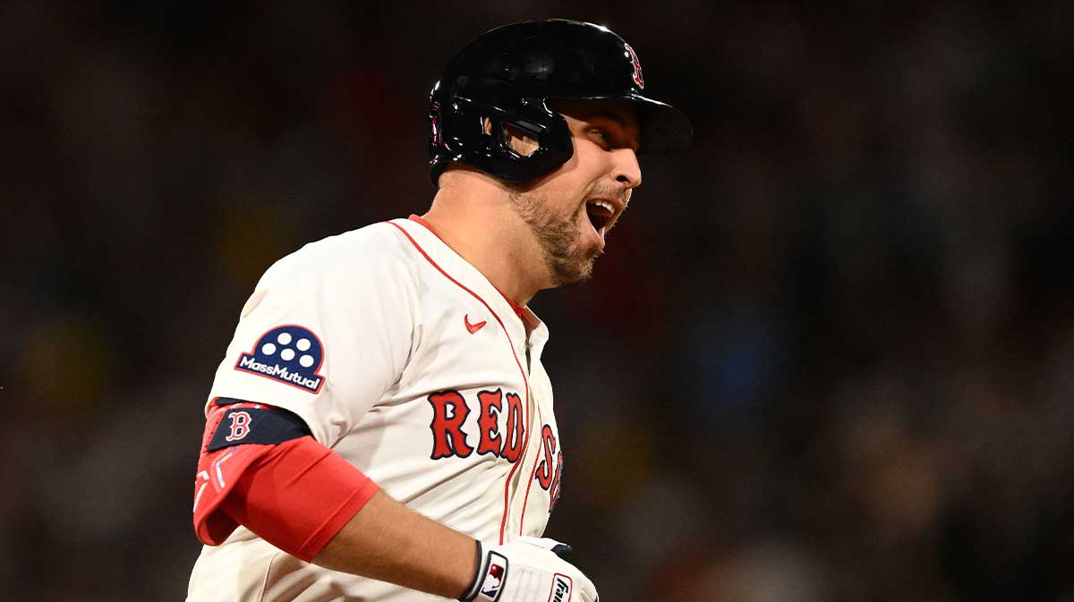 Red Sox first baseman Nathaniel Lowe (37) reacts