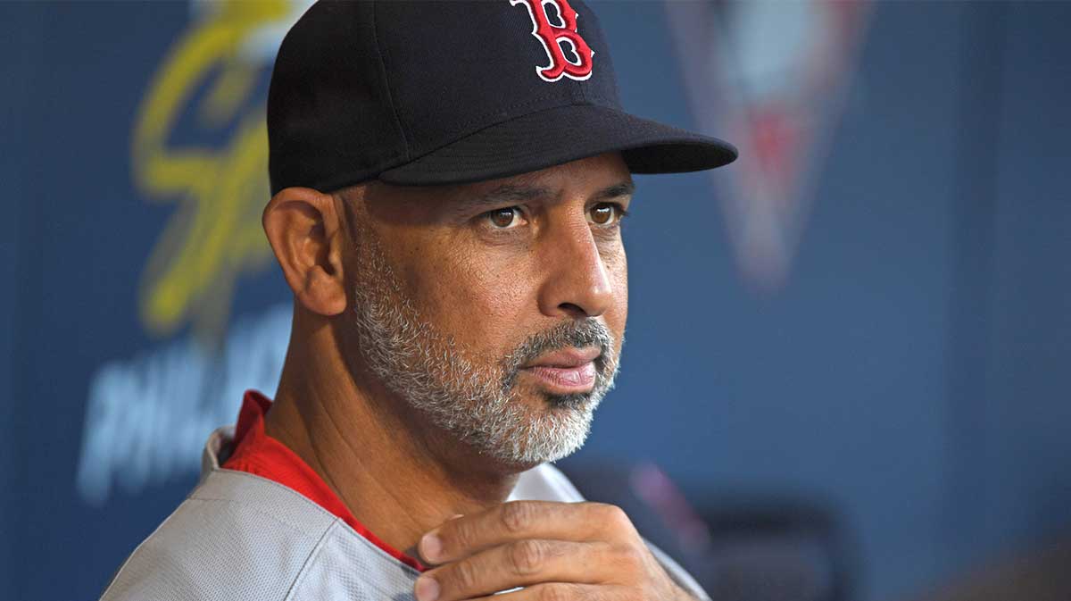 Boston Red Sox manager Alex Cora (13) in the dugout against the Philadelphia Phillies at Citizens Bank Park.