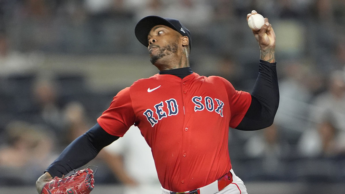 Boston Red Sox pitcher Aroldis Chapman (44) delivers a pitch against the New York Yankees during the ninth inning at Yankee Stadium.