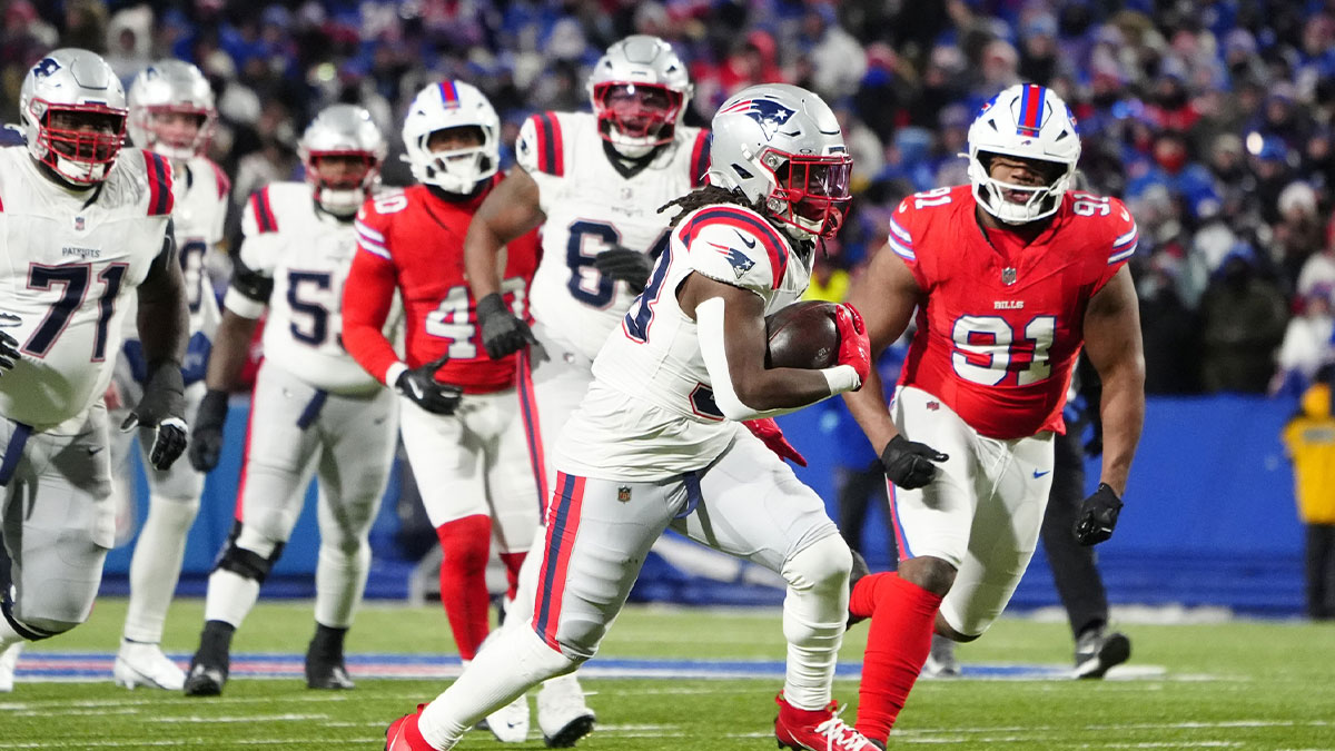 New England Patriots running back Rhamondre Stevenson (38) runs with the ball against the Buffalo Bills during the second half at Highmark Stadium.