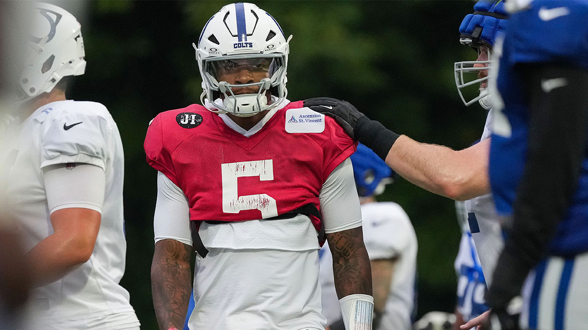 Indianapolis Colts quarterback Anthony Richardson Sr. (5) walks up the field Thursday, July 31, 2025, during Colts Training Camp at Grand Park in Westfield.