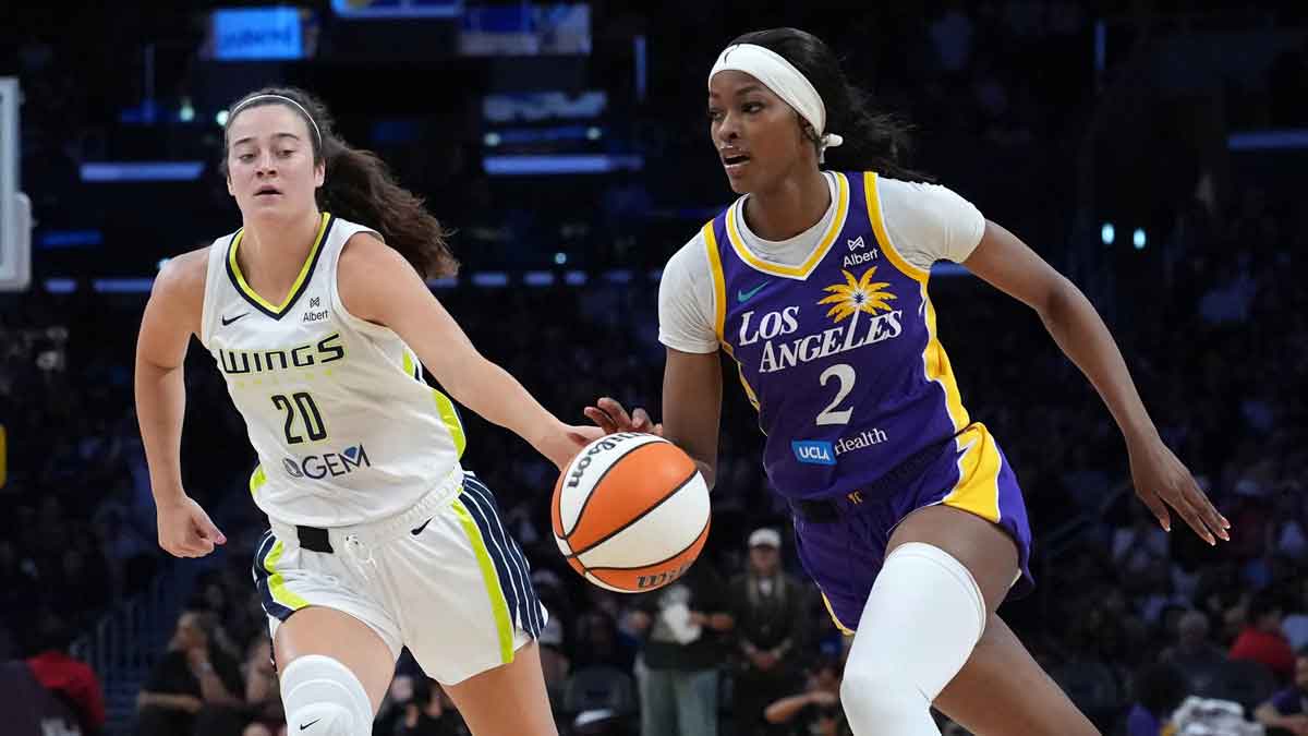 LA Sparks forward Rickea Jackson (2) dribbles the ball against Dallas Wings forward Maddy Siegrist (20) in the second half at the Crypto.com Arena.
