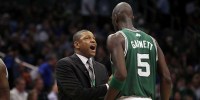 Boston Celtics head coach Doc Rivers talks with power forward Kevin Garnett (5) during the second half against the Orlando Magic at Amway Center. Boston Celtics defeated the Orlando Magic 91-83.