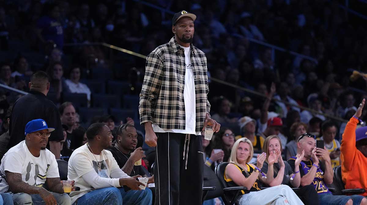 Rockets' Kevin Durant attends the WNBA game between the Chicago Sky and the LA Sparks at Crypto.com Arena