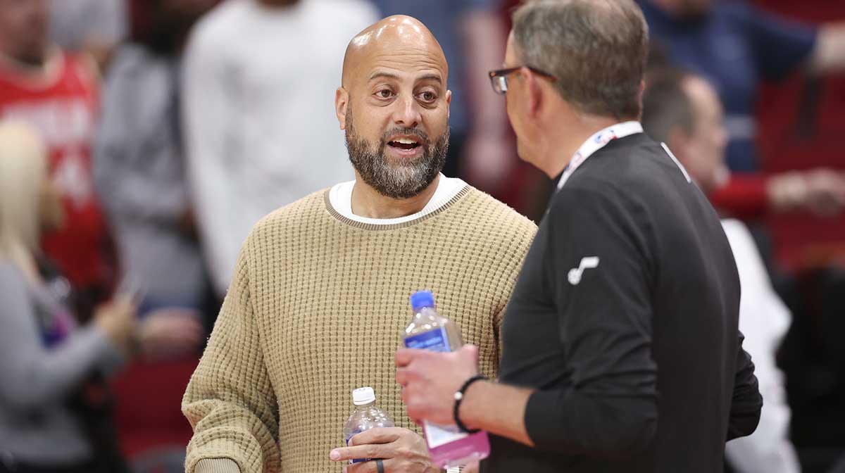 Rockets general manager Rafael Stone talks on the court before the game against the Utah Jazz at Toyota Center
