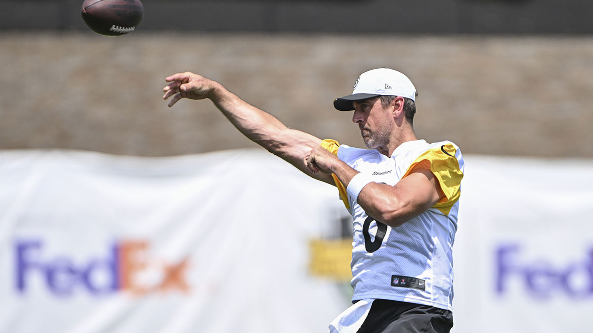 Pittsburgh Steelers quarterback Aaron Rodgers (8) participates in drills during training camp at Saint Vincent College.