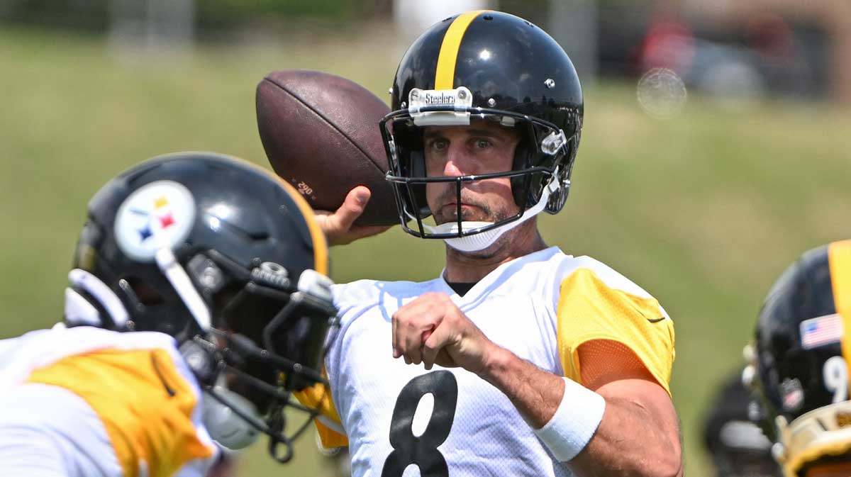 Pittsburgh Steelers quarterback Aaron Rodgers (8) participates in drills during training camp at Saint Vincent College.
