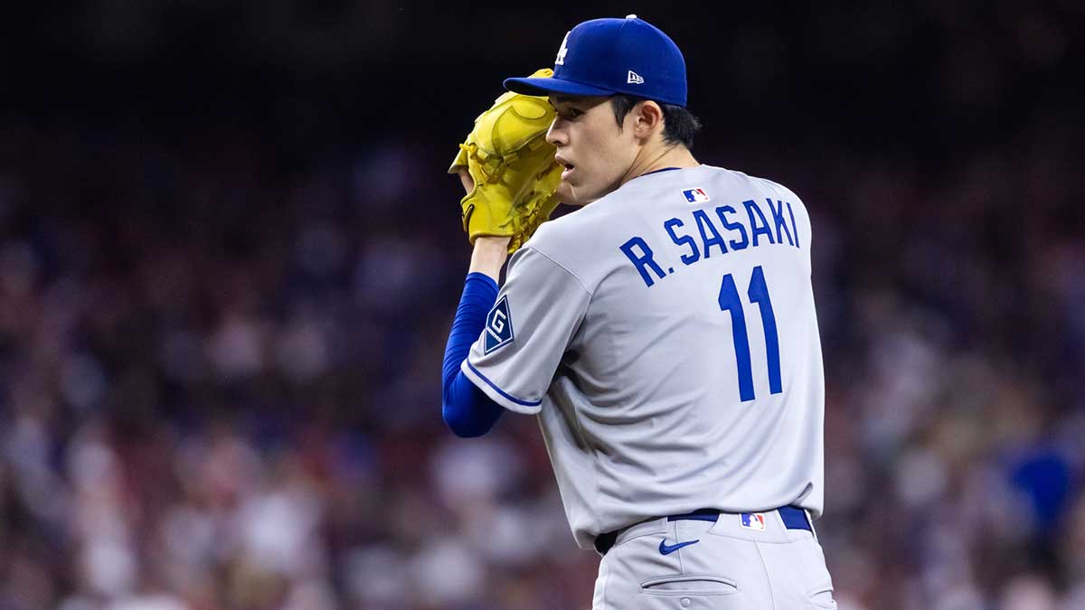 Detailed view of the jersey of Los Angeles Dodgers pitcher Roki Sasaki (11) against the Arizona Diamondbacks at Chase Field.
