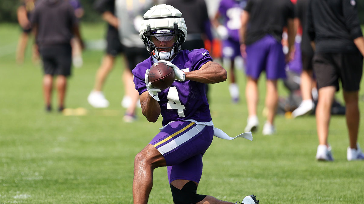 Minnesota Vikings wide receiver Rondale Moore (4) takes part in drills during the teams training camp at the Minnesota Vikings Training Facility.