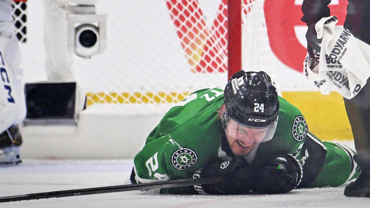 Dallas Stars center Roope Hintz (24) reacts after being injured against the Edmonton Oilers in the third period for game two of the Western Conference Final of the 2025 Stanley Cup Playoffs at American Airlines Center.