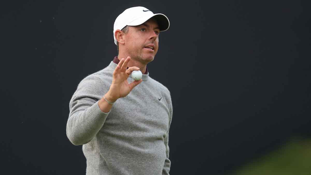 Rory McIlroy reacts on the 18th hole during the first round of The 153rd Open Championship golf tournament at Royal Portrush.
