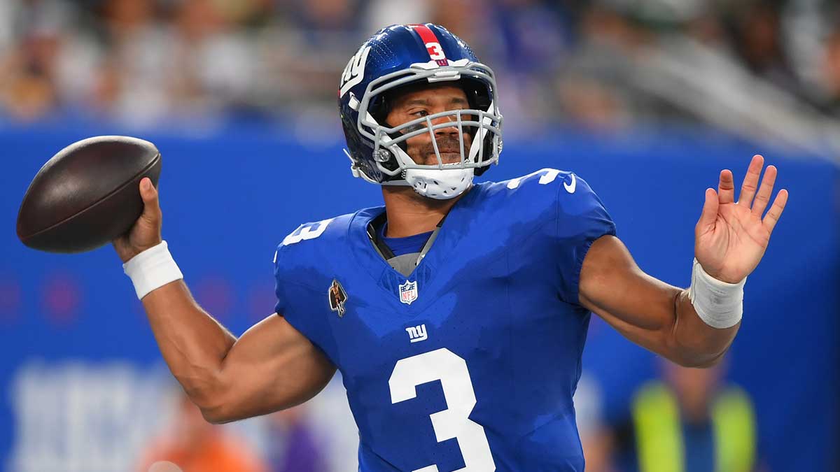 New York Giants quarterback Russell Wilson (3) passes against the New York Jets during the first half at MetLife Stadium.