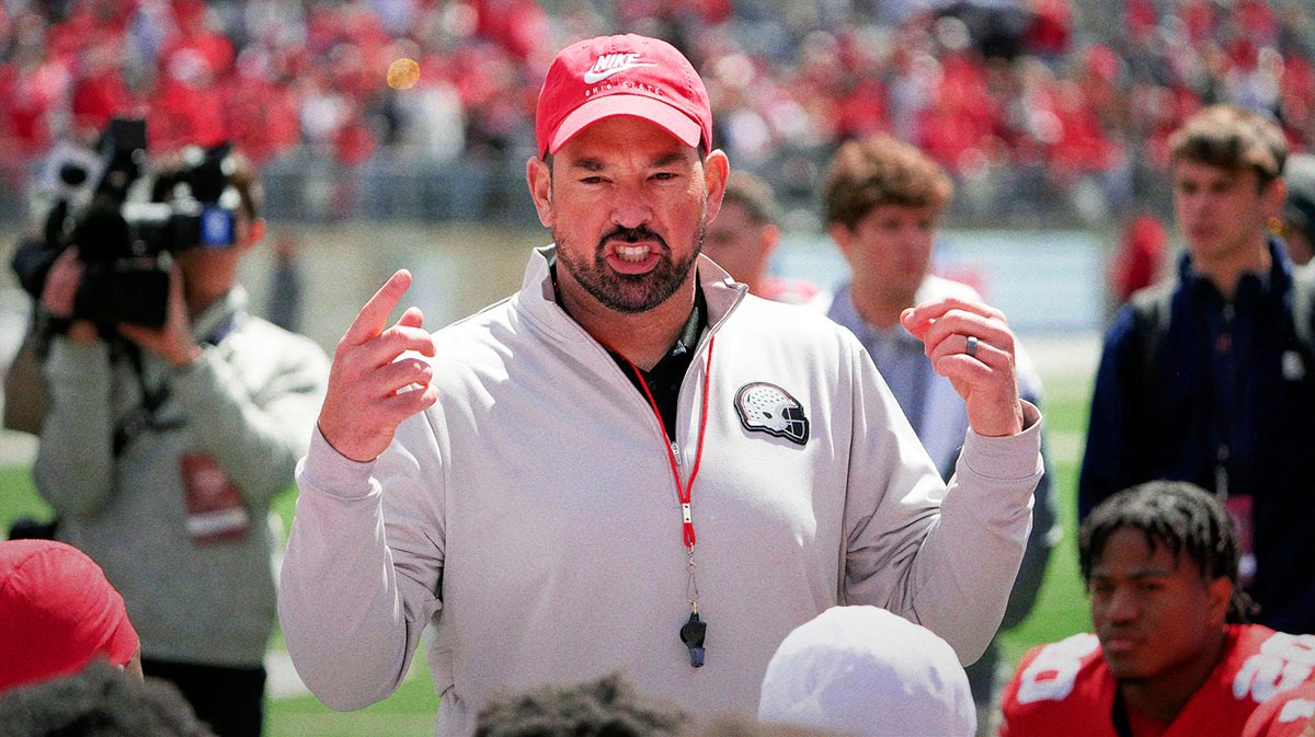 Ohio State Buckeye head coach Ryan Day addresses his team after the spring game at Ohio Stadium on April 12, 2025.