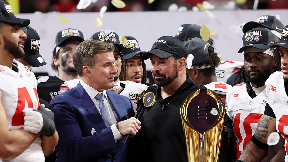 Ohio State Buckeyes head coach Ryan Day is interviewed after winning against the Notre Dame Fighting Irish in the CFP National Championship college football game at Mercedes-Benz Stadium.