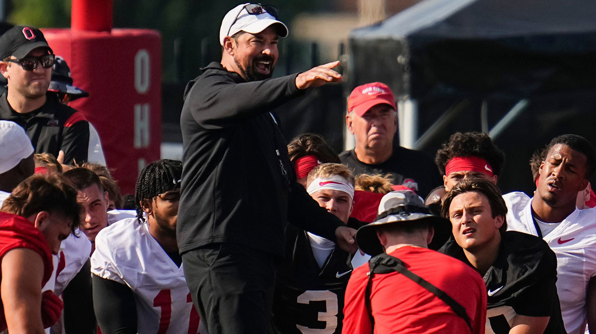 Ohio State Buckeyes head coach Ryan Day addresses the team during football training camp at the Woody Hayes Athletic Center on Aug. 1, 2025.