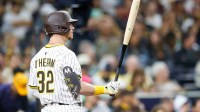 San Diego Padres designated hitter Ryan O'Hearn (32) swings in the on deck circle during the sixth inning against the St. Louis Cardinals at Petco Park.