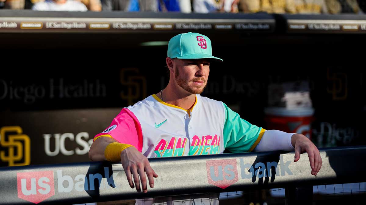 Aug 1, 2025; San Diego, California, USA; San Diego Padres first baseman Ryan O'Hearn (32) looks on from the dugout before the game against the St. Louis Cardinals at Petco Park.