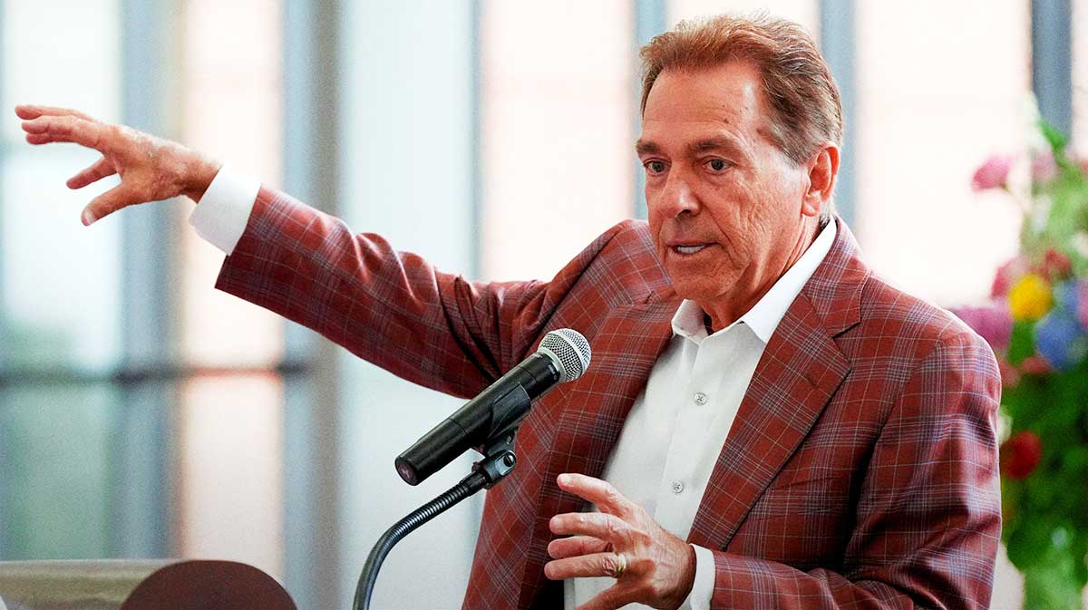 Nick Saban speaks during the Nick’s Kids Foundation Luncheon at Bryant-Denny Stadium.