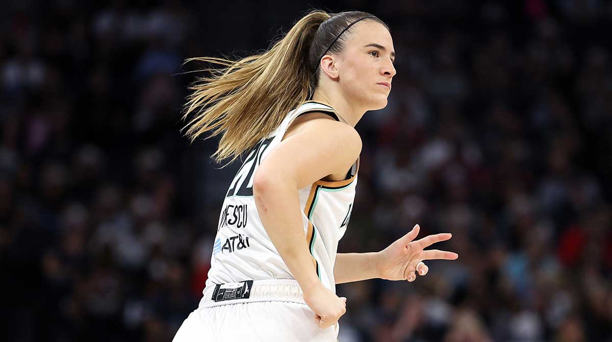 New York Liberty guard Sabrina Ionescu (20) reacts to her shot against the Minnesota Lynx during the first quarter at Target Center.