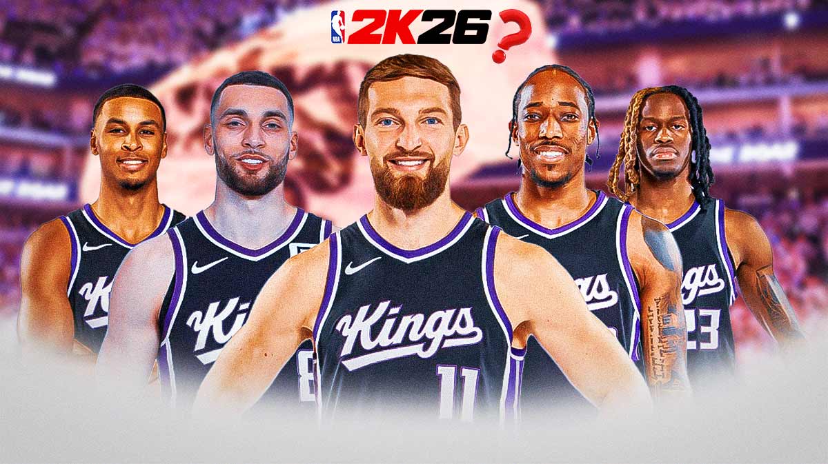 Sacramento Kings NBA 2K26 ratings that are 100% wrong. Domantas Sabonis, Zach LaVine, DeMar DeRozan, Keegan Murray, and Keon Ellis in the Kings jersey with the 2K26 logo at the top with a single question mark.